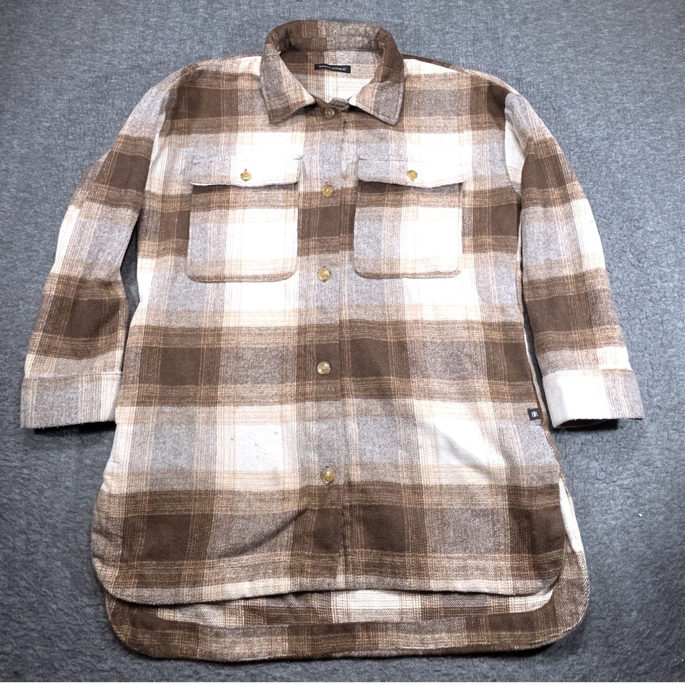 Banana Republic Plaid Shacket Women Large Brown Wool Blend Long Sleeve